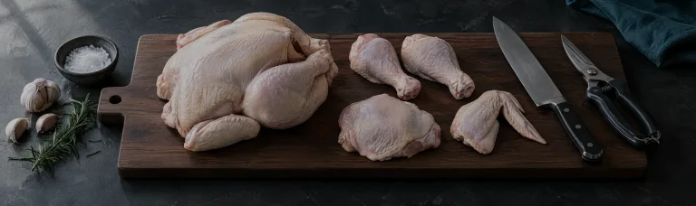 طريقة تقطيع الدجاج في البيت: 8 قطع (خطوة بخطوة)
